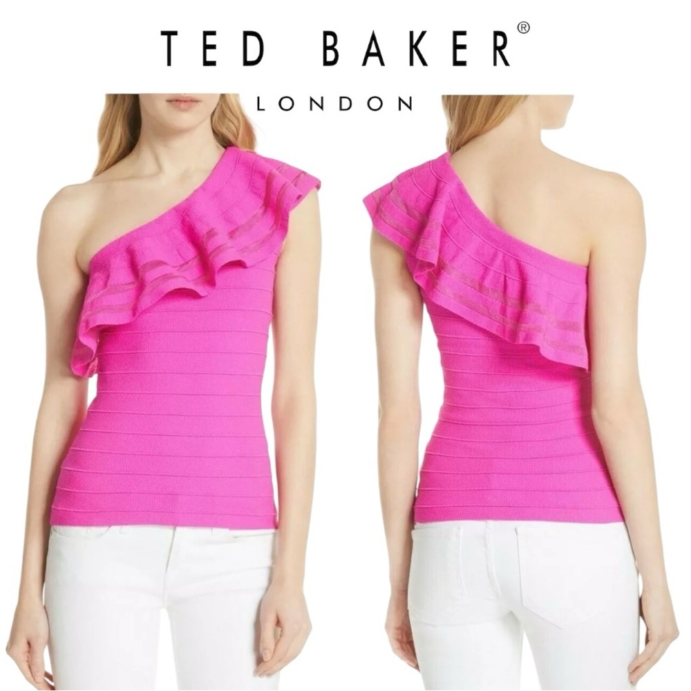 🌷Ted Baker Neon Pink One Shoulder Ruffle Top Size Small 3/$30